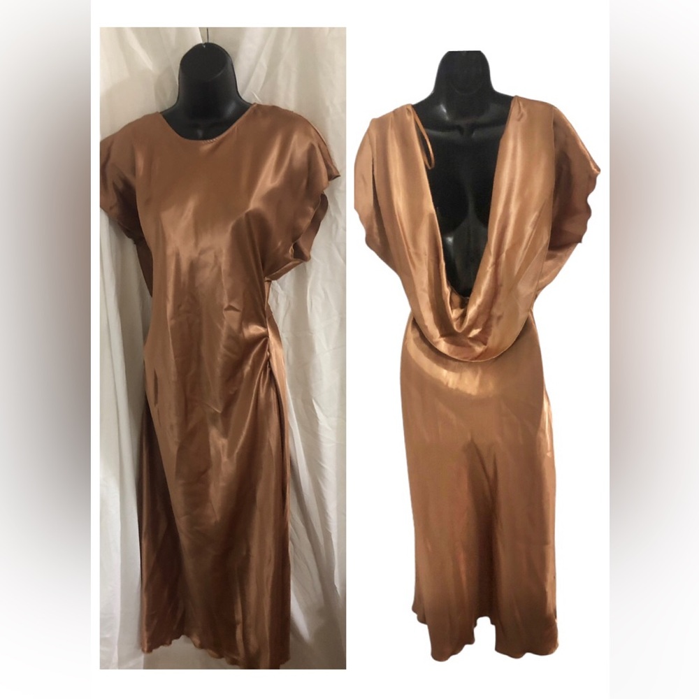 Bebe metallic brown bronze satin effect draped back‎ sultry dress size large new
